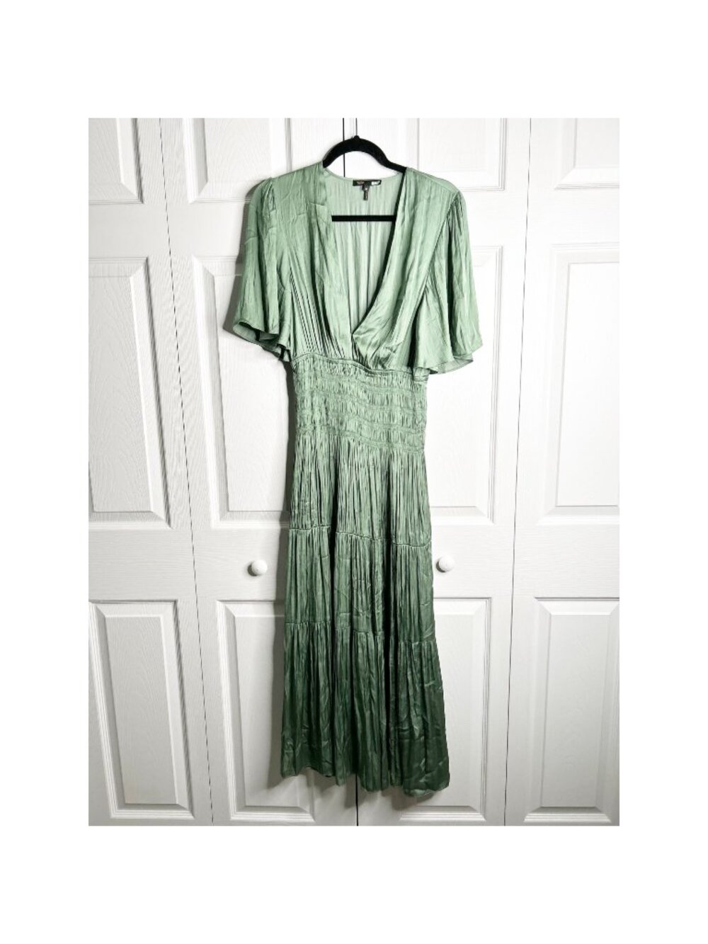 Maje Rome Green Satin Short Sleeve V-Neck Maxi Dress Women's Size FR 36